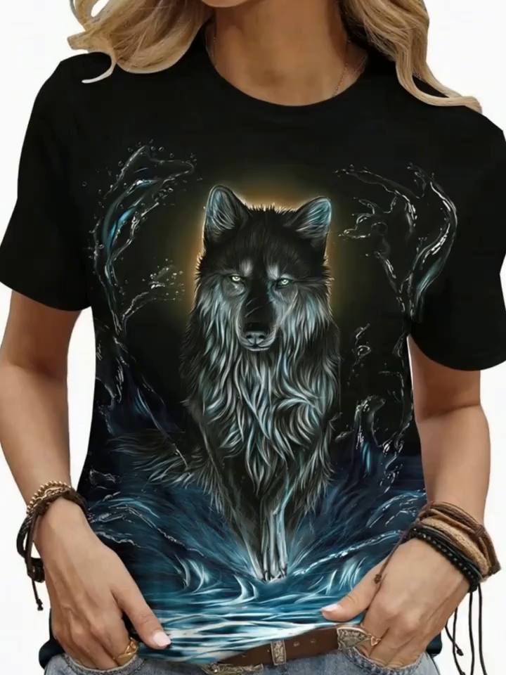 2D Printed Casual Fashion Easy Elegant Vacation Abstract Painting of an Animal Lone Wolf Graphic Full Print Breathable Round Neck Short Sleeve T-Shirt Casual Stylish Short Sleeve Women'S Shirt Summer New Women'S Short Sleeve Top