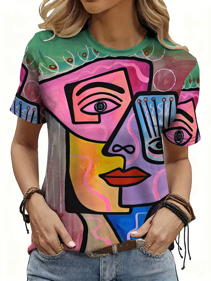 2D Printing Abstract Painting Five-Color Blocked Portrait Facial Features Full Print Breathable Round Neck Short-Sleeve T-Shirt Casual Shirt New Women'S Short-Sleeve Top