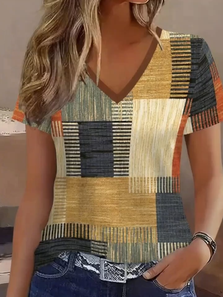 Directional 2D Printed Minimalist Fashionable Casual Elegant Vacation Contrast Geometric Stripe Color Block Patchwork Full Print Breathable V-Neck Short Sleeve T-Shirt Casual Fashion Women'S Shirt Summer New Women'S Clothing Short Sleeve Outerwear