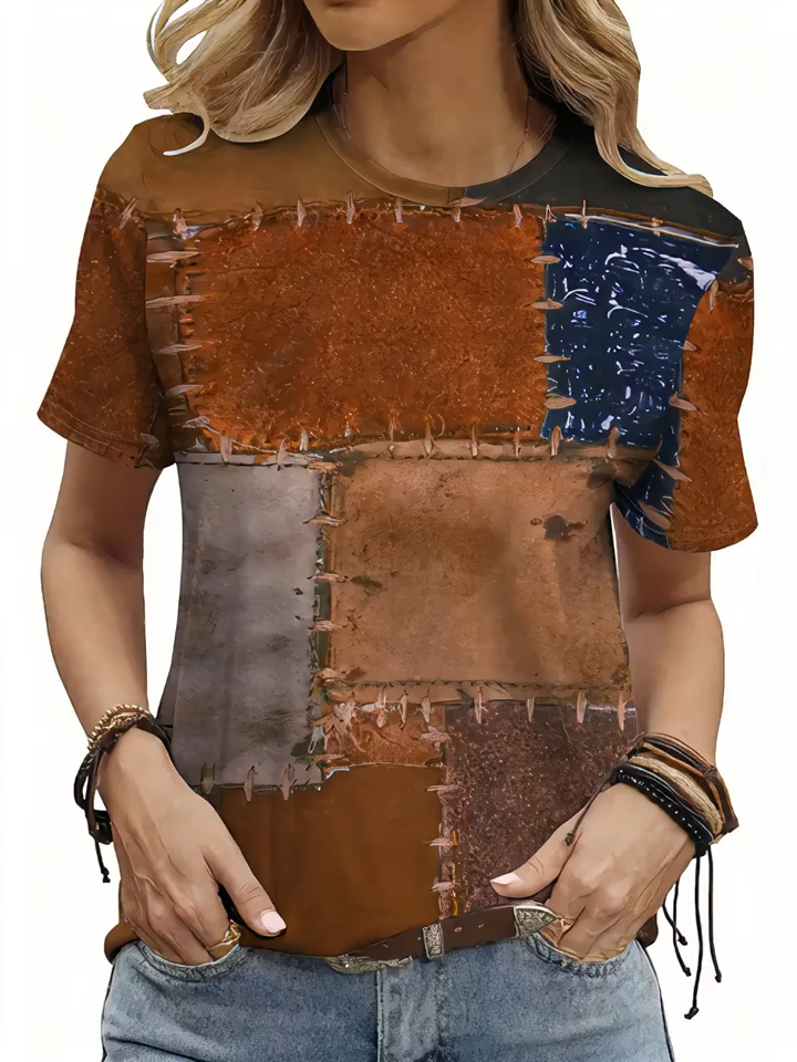 2D Print Casual Vacation Vintage Abstract Painting Geometric Color Block Graphic Full Print Breathable Crew Neck Short Sleeve T-Shirt, Casual Shirt, New Summer Women's Short Sleeve Top