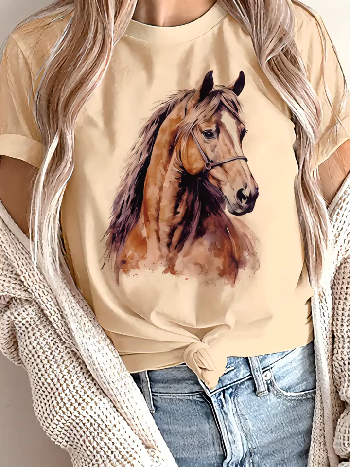 Easy Abstract Painting of a Horse Graphic Printed Round Neck Short Sleeve T-Shirt • Breathable Casual Shirt • New Women's Top with Short Sleeves