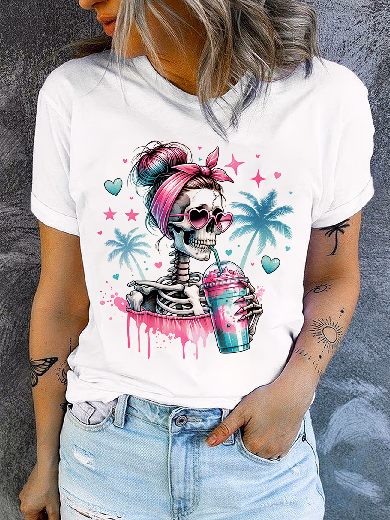 Halloween Coconut Tree Skull Head Breathable Printed Round Neck T-Shirt Casual Shirt New Women'S Holiday Costume Top