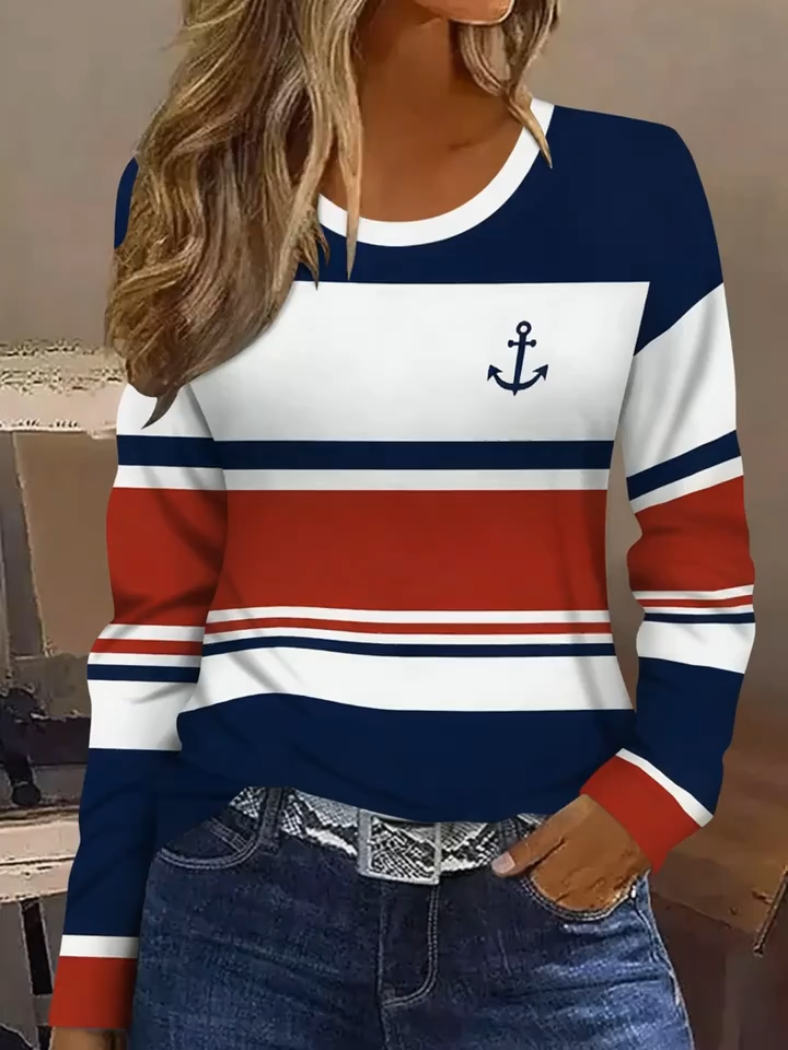 2D Elegant Vacation Abstract Painting Red White Blue Color Block Stripes Landmark Ship Anchor Graphic All Over Print Breathable Full Print Round Neck Long Sleeve T-Shirt Casual Shirt Autumn Winter New Women'S Clothing Long Sleeve Top