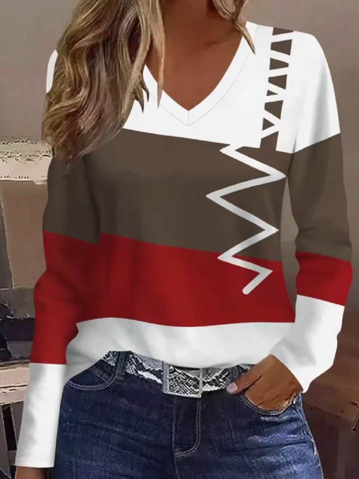 Fashionable Elegant Casual Vacation Abstract Painting Color Block Geometric Stripe Graphic Full-Body Print Breathable 2D Print V-Neck Long Sleeve T-Shirt Casual Daily Long Sleeve s Shirt New Autumn Winter Women's Long Sleeve Base Layer Top Outerwear