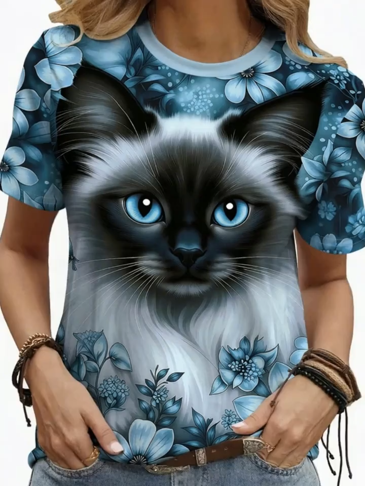 2D Printed, Easy And Casual, Stylish And Elegant Abstract Floral Painting Featuring Cartoon Animals And Cats, All-Over Breathable Round Neck Short Sleeve T-Shirt, Casual Fashionable Short Sleeve Women'S Shirt, New Summer Women'S Short Sleeve Top