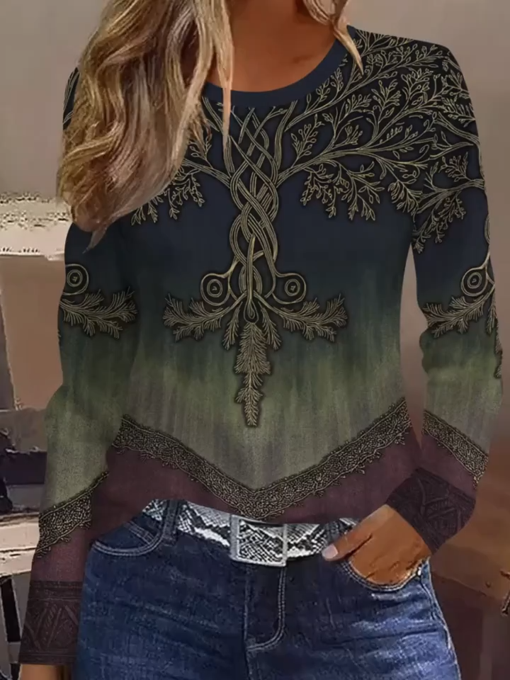 2D Print Vintage Fashion Minimalist Casual Elegant Vacation Gradient Tie-Dye Plant Tree Leaf Graphic Full-Body Print Breathable Crew Neck Long Sleeve T-Shirt, Casual Shirt, New Autumn Winter Women's Long Sleeve Top