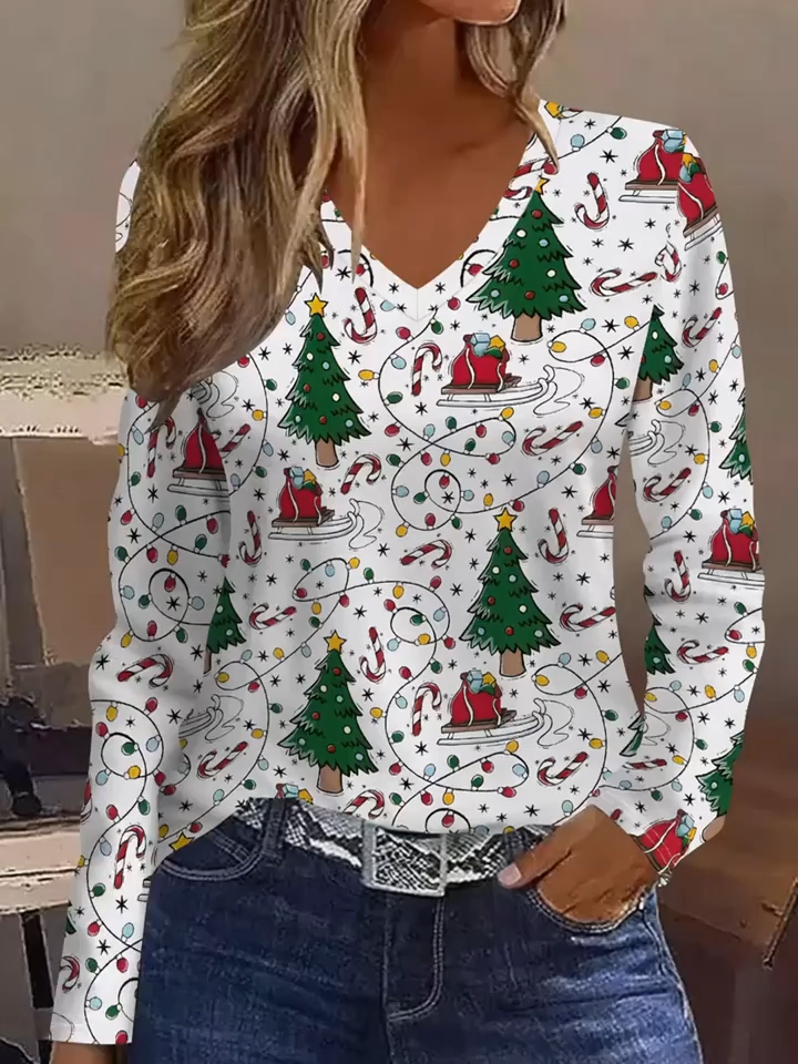 2D Printed Breathable Top A Stylish And Elegant Long-Sleeve T-Shirt Featuring an Abstract Design of Plants, Christmas Trees, And Colorful Lights, Perfect for a Casual Holiday Look. This Is a Great Gift for Autumn And Winter Festivities