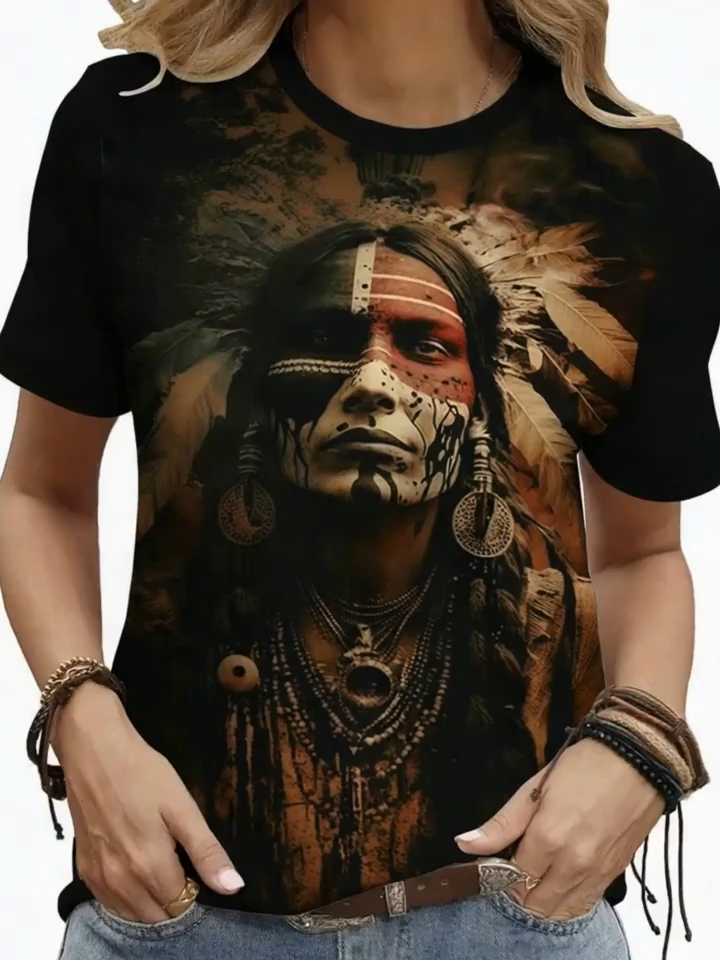 2D Printed Western Vintage Fashion Elegant Holiday Abstract Painting Portrait Natural Graphic Full-Body Print Breathable Round Neck Short Sleeve T-Shirt Casual Fashion Short Sleeve Women's S Shirt Summer New Women's Short Sleeve Top