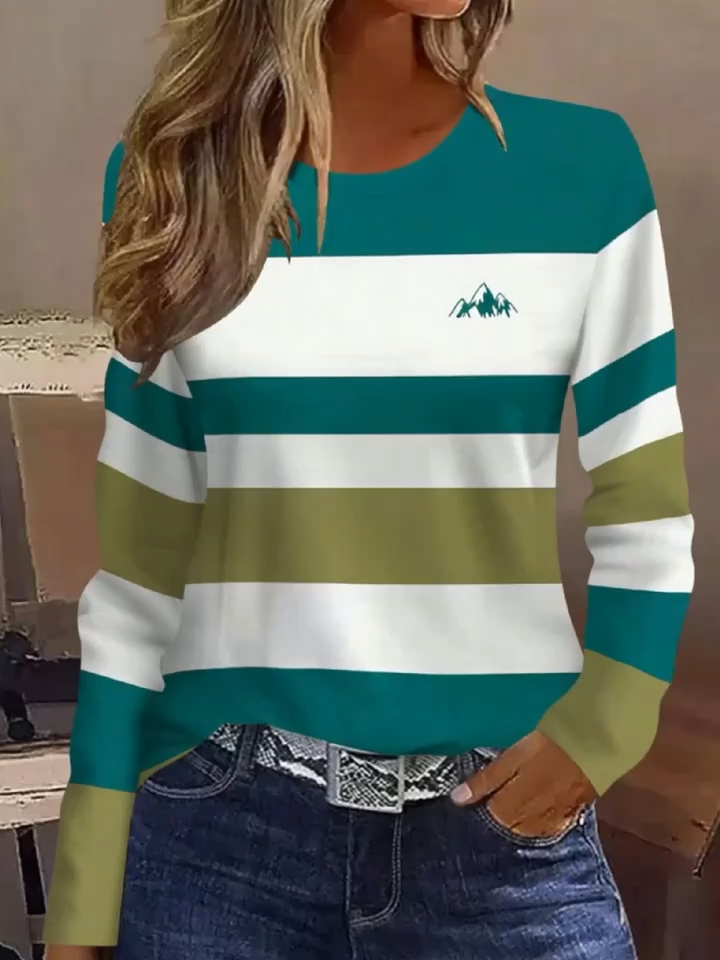 2D Print: Abstract Painting Mountain Graphic T-Shirt - Fashion Elegant Casual Vacation Color Block Stripe Full Print Breathable Round Neck Long Sleeve, Casual Fashion Long Sleeve s Shirt, Autumn Winter New Women's Long Sleeve Base Layer Top, Women's