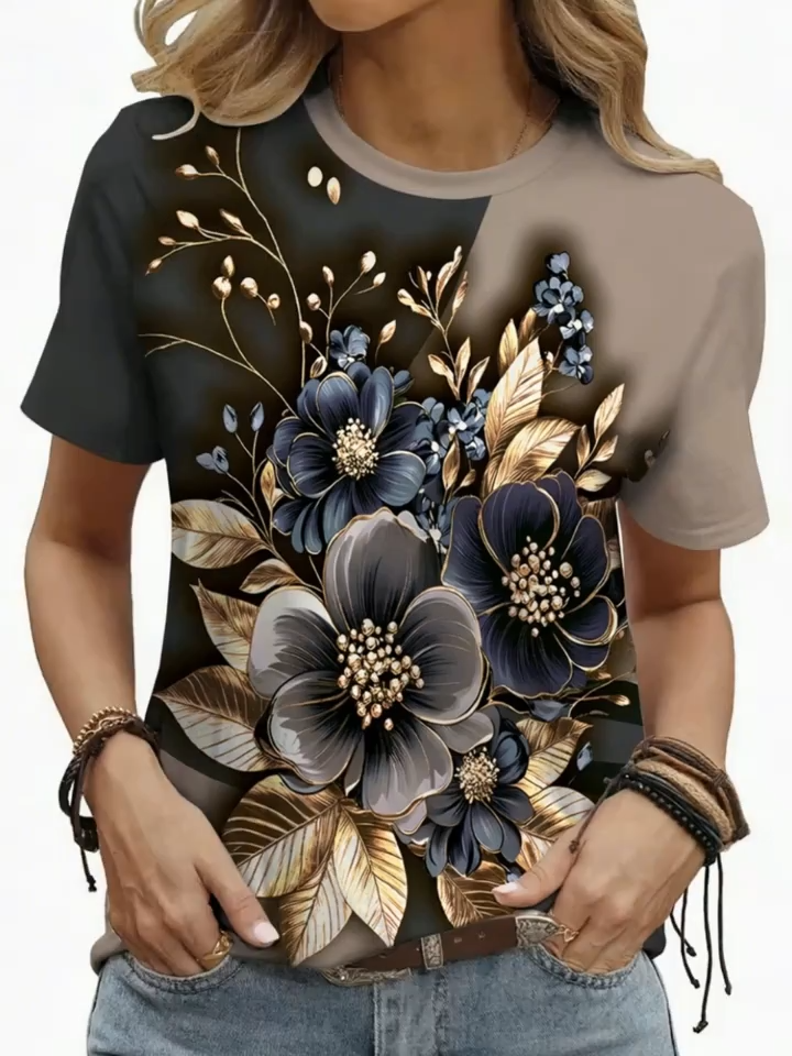 2D Printed Fashion Elegant Casual Vacation Abstract Painting Floral Plant Leaf Graphic All-Over Breathable Round Neck Short Sleeve T-Shirt Casual Stylish Short Sleeve Women'S Shirt Summer New Women'S Short Sleeve Top