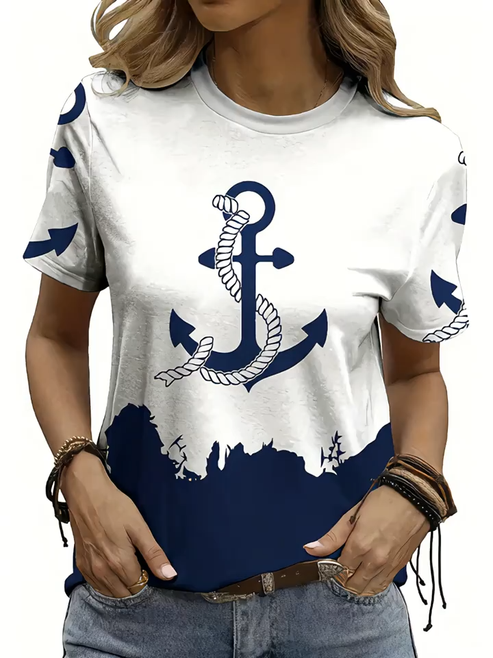 European And American Women'S Summer New Round Neck Contrast Boat Paddle Anchor Striped Print Short Sleeve Women'S T-Shirt Top Casual Vacation Shirt