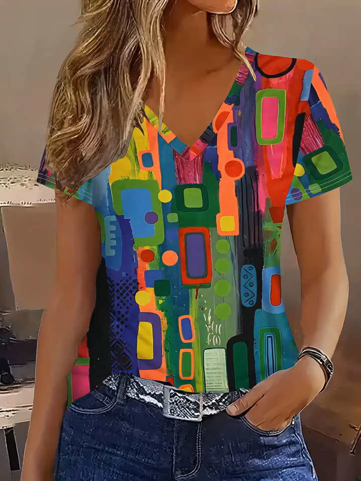 2D Print Casual Vacation Abstract Painting Color Block Tie-Dye Geometric Stripe Graphic All-Over Print Breathable V-Neck Short Sleeve T-Shirt Casual Shirt Summer New Women'S Short Sleeve Top