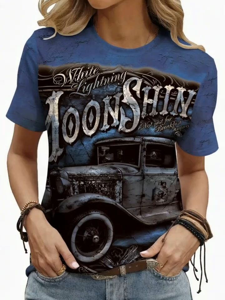 2D Print Western Retro Casual Holiday Abstract Painting Retro Locomotive Letter Slogan Language Graphic Full Body Print Breathable Round Neck Short Sleeve T-Shirt Casual Fashion Short Sleeve Women'S Shirt Summer New Women'S Short Sleeve Top