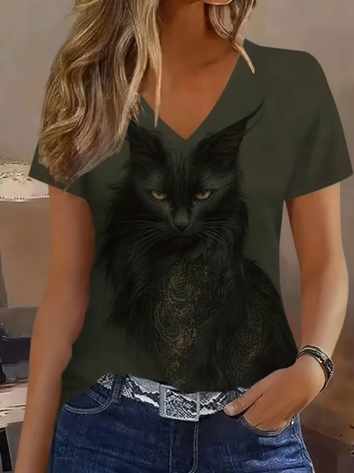 2D Printed Novelty Fashion Elegant Vacation Abstract Painting Cartoon Animal Graphic Full-Body Black Cat Breathable V-Neck Short-Sleeve T-Shirt Casual Stylish Women'S Shirt Summer New Women'S Short-Sleeve Outerwear Top