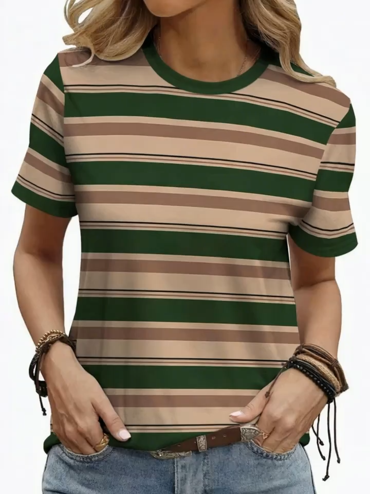 2D Printed Simple, Stylish, Casual, Elegant, Vacation Abstract Painting, Color Block Stripes and Striped Color Block Patchwork Graphic All-Over Print Breathable Crew Neck Short Sleeve T-Shirt, Casual Fashion Short Sleeve Women's Shirt, New Summer