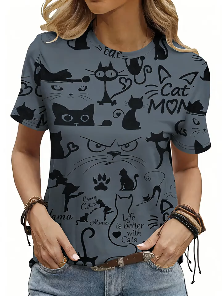 Women's 2D Print Casual Fashion Abstract Painting Cartoon Cute Funny Animal Cat Portrait Love Letter Slogan Graphic Full Print Breathable Crew Neck Short Sleeve T-Shirt Casual Shirt Summer New Short Sleeve Top