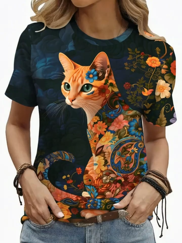 2D Printed Elegant And Fashionable Casual Vacation Abstract Painting Cartoon Animals Orange Cat Flowers Floral Plants Leaves Color Block Splicing Graphic All-Over Printed Breathable Round Neck Short Sleeve T-Shirt Casual Stylish Short Sleeve Women'S