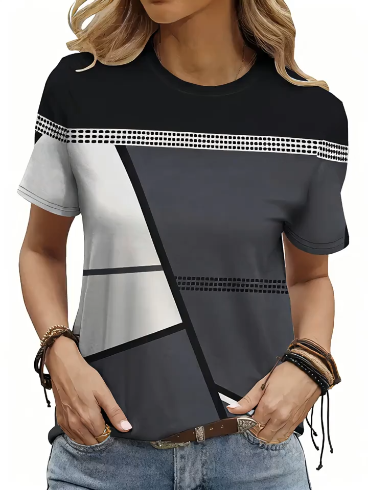 2D Printed Casual Fashion Elegant Vacation Abstract Painting Color Block Geometric Polka Dot Stripe Graphic Breathable Round Neck Short Sleeve T-Shirt Casual Shirt New Women'S Short Sleeve Top