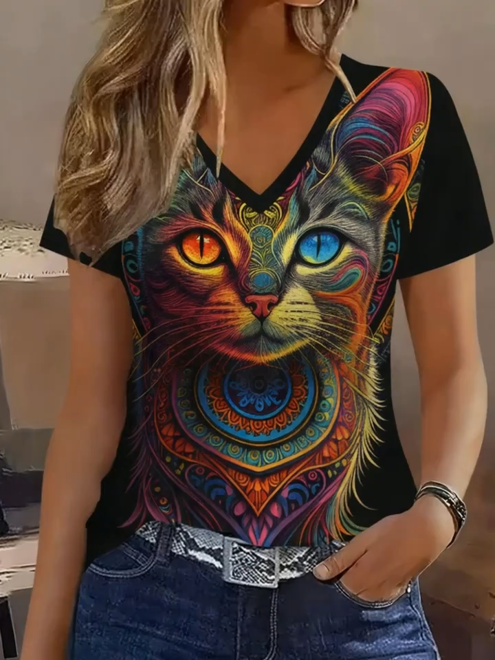 2D Printed Vintage Fashionable and Elegant Vacation Mandala Flower Floral Animal Cat Graphic All-Over Print Breathable V-Neck Short Sleeve T-Shirt • Casual Fashion Short Sleeve Women's Shirt • New Summer Women's Short Sleeve Outerwear Top