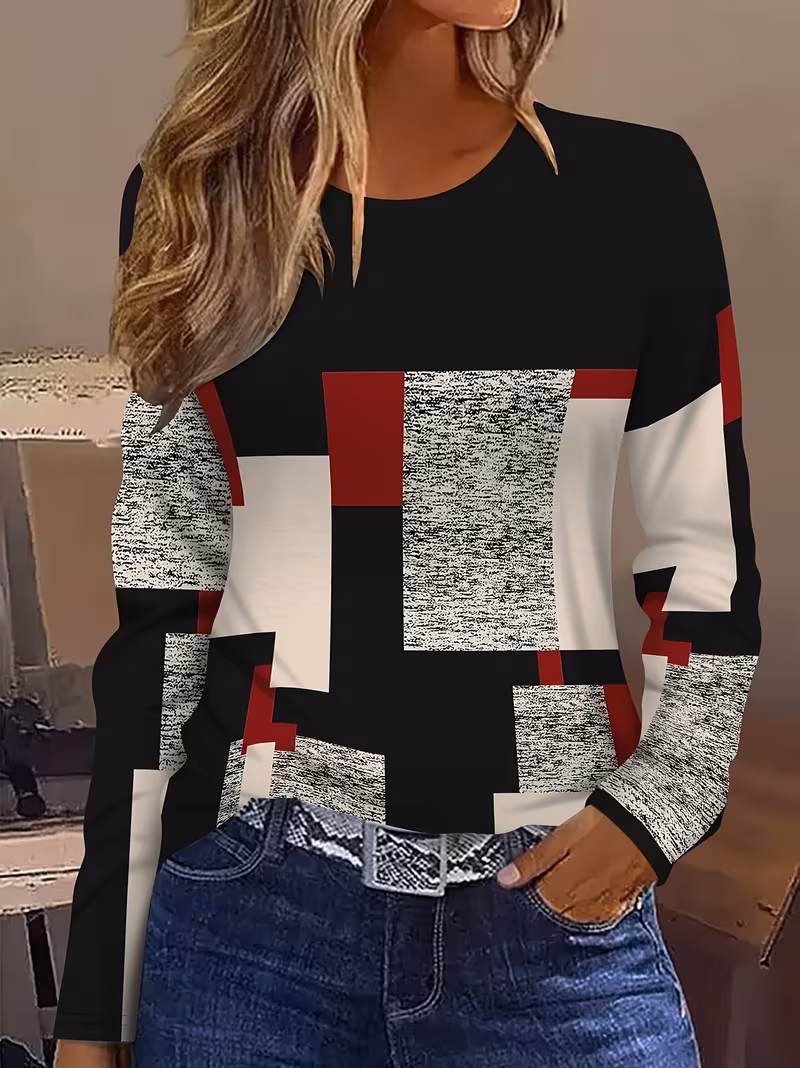 A Full-Printed Breathable Long-Sleeve T-Shirt Featuring a 2D Abstract Design with a Casual And Elegant Vibe, Combining Geometric Shapes And Contrasting Colors, Perfect for Autumn And Winter Women'S Fashion