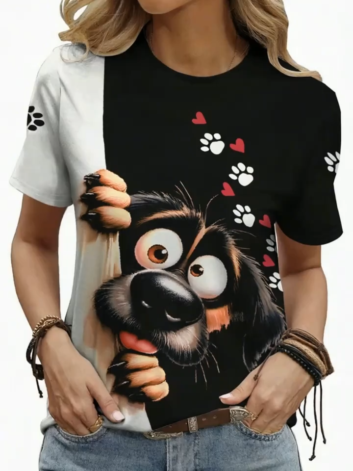 2D Printed, Easy And Stylish Casual Elegant Abstract Painting Cartoon Graffiti Featuring Small Dogs And Cat Paws, Heart-Shaped Color Blocks, And a Full-Body Print Breathable Round-Neck Short-Sleeve T-Shirt. Casual Fashionable Short-Sleeve Women'S Sh