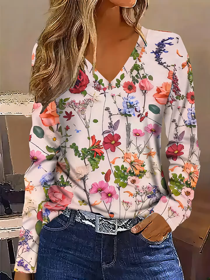 2D Printed Elegant Vacation V-Neck Long-Sleeve T-Shirt with a Vibrant Floral Print, a Stylish and Casual Long-Sleeve Shirt, New Women's Long-Sleeve Top