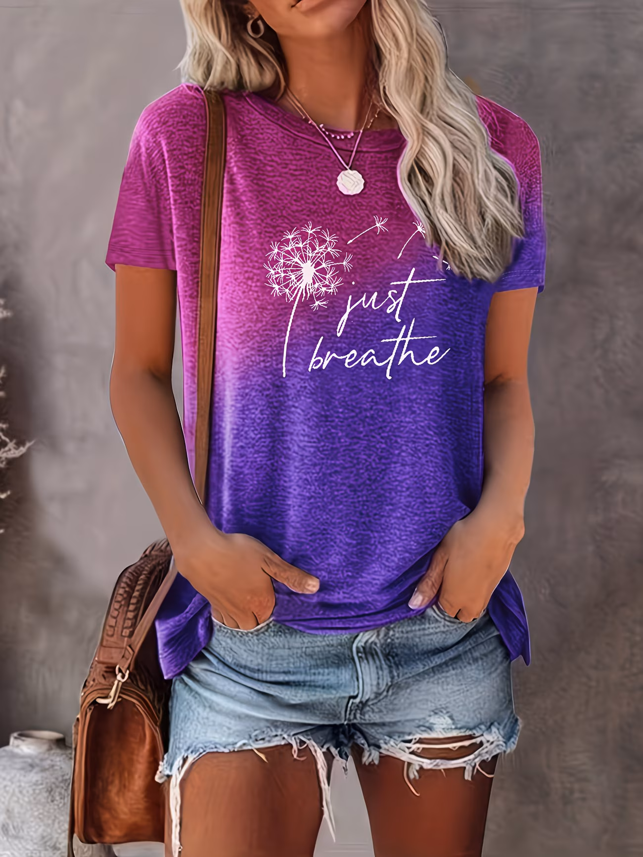 Just Breathe & Dandelion Print T-shirt, Casual Crew Neck Short Sleeve Top, Women's Clothing