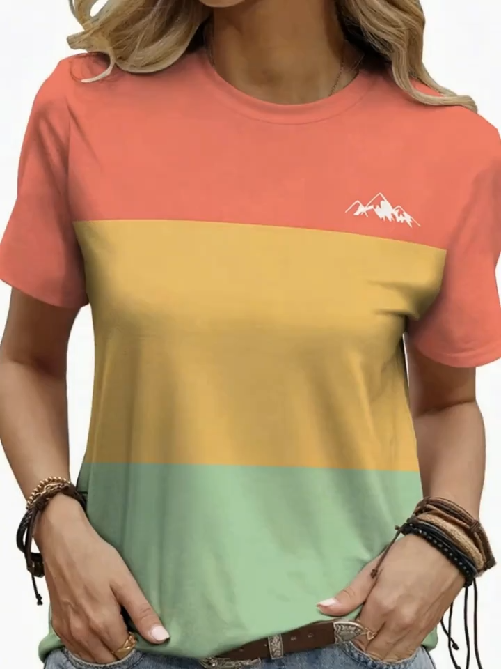 2D Print, Easy Casual Fashion Elegant Abstract Painting Red Yellow Green 3-Color Striped Color Block Patchwork Graphic All-Over Print Breathable Round Neck Short Sleeve T-Shirt, Casual Fashion Women'S Short Sleeve Shirt
