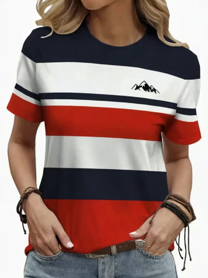2D Printed Elegant And Stylish Casual Vacation Abstract Painting with Red, White, And Blue Color Blocks, Striped Mountain Peak Graphics, Full-Body Print Breathable Round Neck Short-Sleeve T-Shirt, Casual Fashionable Short-Sleeve Women'S Shirt