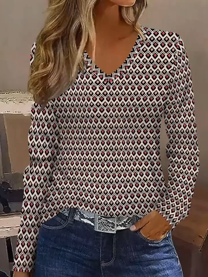 2D Casual Easy Elegant Retro Abstract Painting Contrast Geometric Square Patchwork Checkered Diamond Grid Full Print Breathable Printed V-Neck Long Sleeve T-Shirt, Casual Shirt, Fall Winter New Women'S Long Sleeve Top, Base Layer