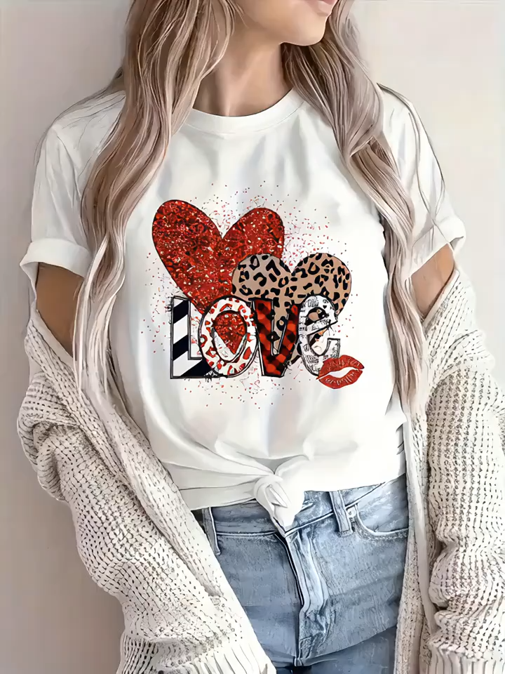 Elegant And Romantic Stylish Short-Sleeve Valentine'S Day T-Shirt with a Shiny Leopard Print, Heart Stripes, Checkered Letters, And Breathable Graphic Design. A New Casual Shirt for Women, Perfect for Romantic Declarations