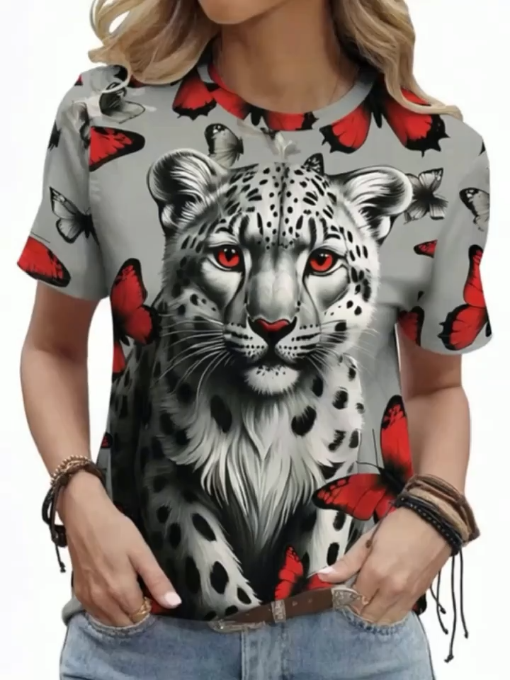 2D Printed Elegant and Stylish Vacation Abstract Painting Simple Casual Animal Snow Leopard, Leopard, Butterfly Graphic All-Over Print Breathable Crew Neck Short Sleeve T-Shirt, Casual Fashion Short Sleeve Women's Shirt, New Summer Women's Short
